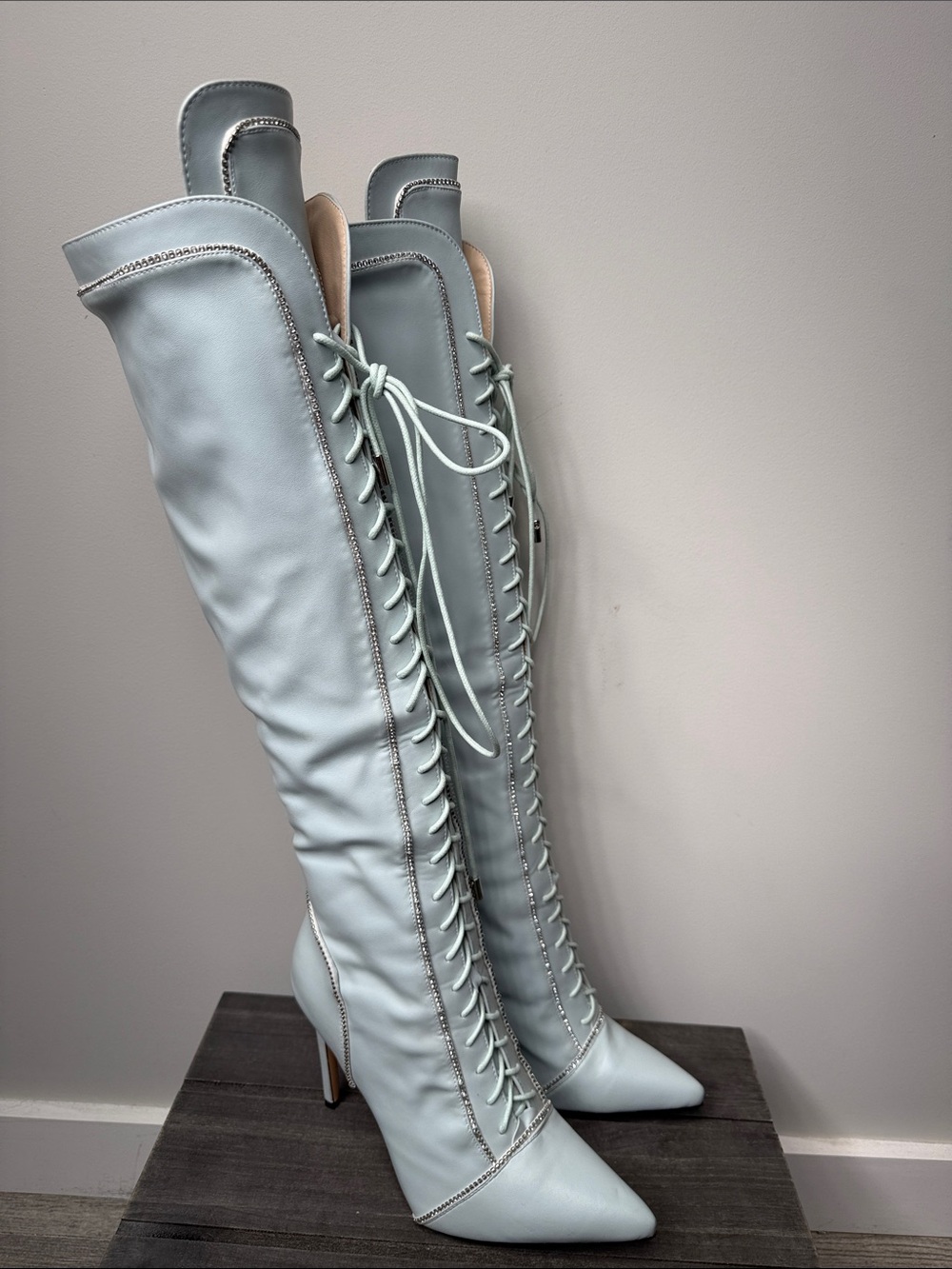 Women's Knee-High Lace-Up Boots in Light Blue